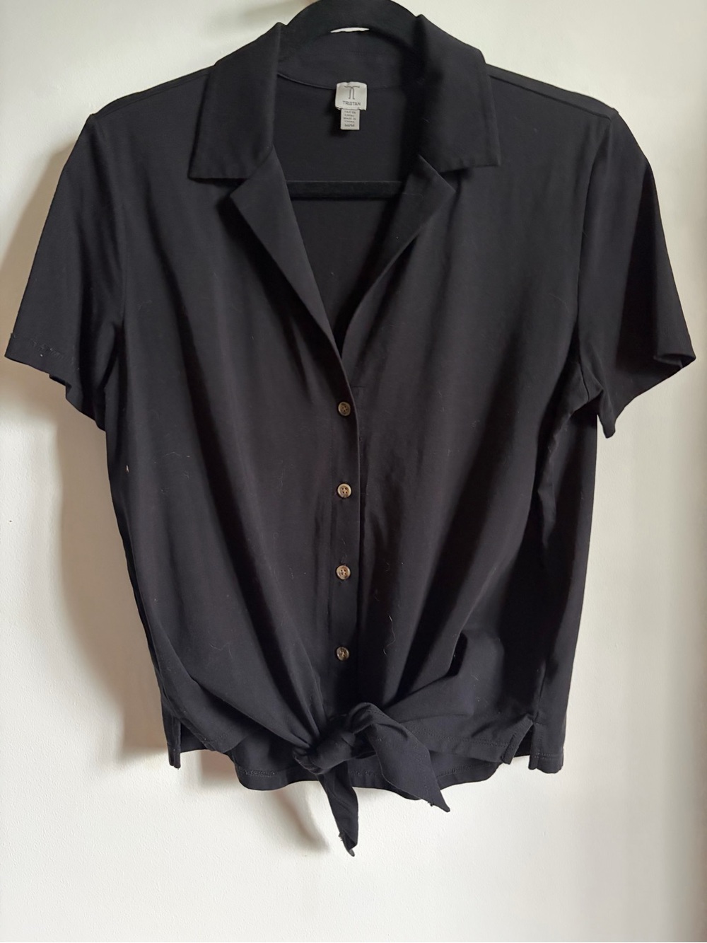 Black Short Sleeve Tie-Front Button Shirt